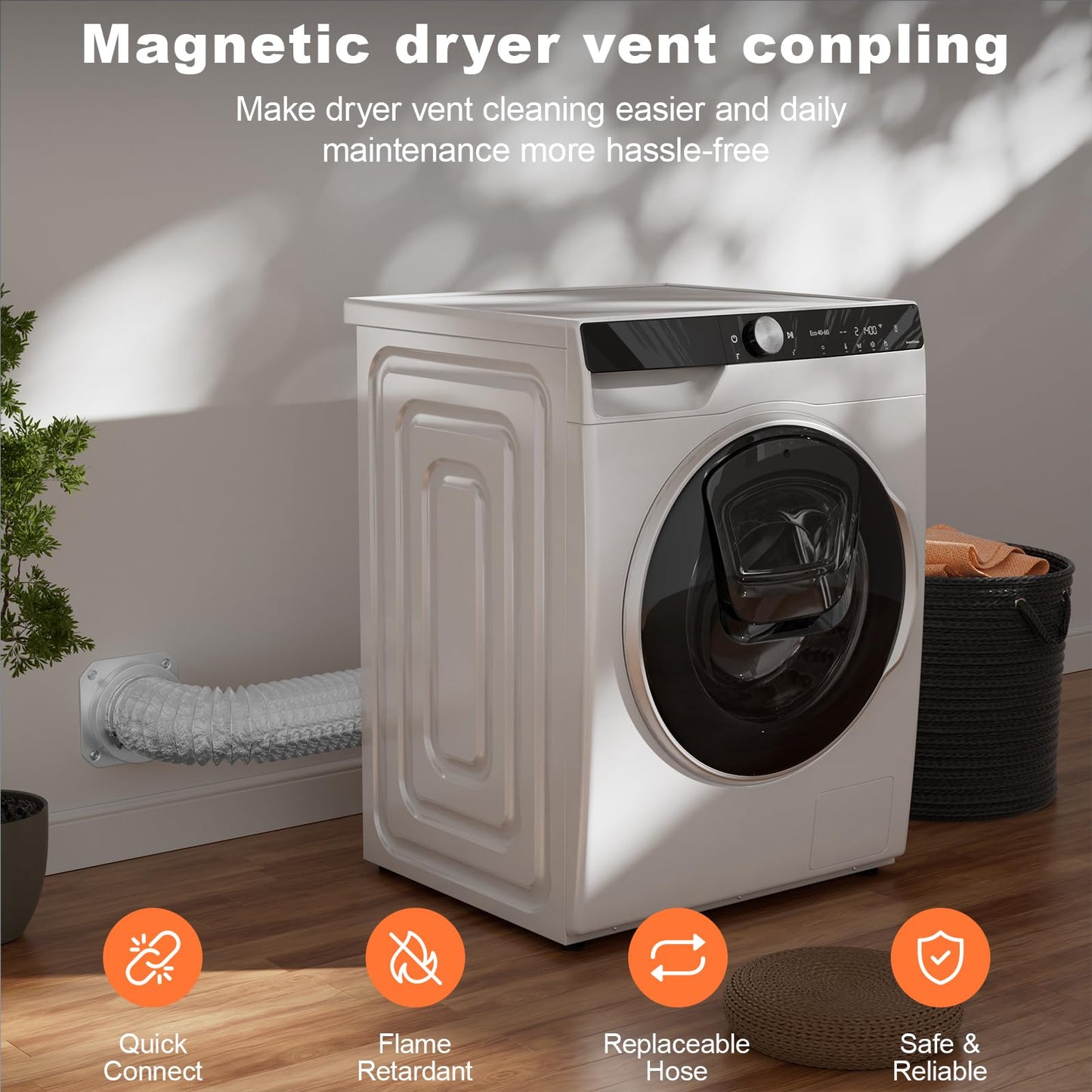VigiFront Magnetic Dryer Vent Coupling Connector Kit DV180, for Leak Prevention Easy Dryer Cleaning, Quick Connector, Including a 3.1ft 4" Duct and two Clamps, Silver
