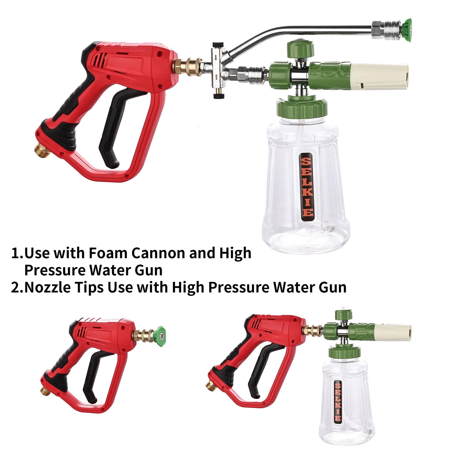 Selkie Foam Cannon with Double Tip Attachment,Adjustable Pressure Washer Foam Blaster with with Dual-Connector Accessory,5 Power Washer Sprayer Nozzles, 1/4" Quick Connect, 4200 PSI