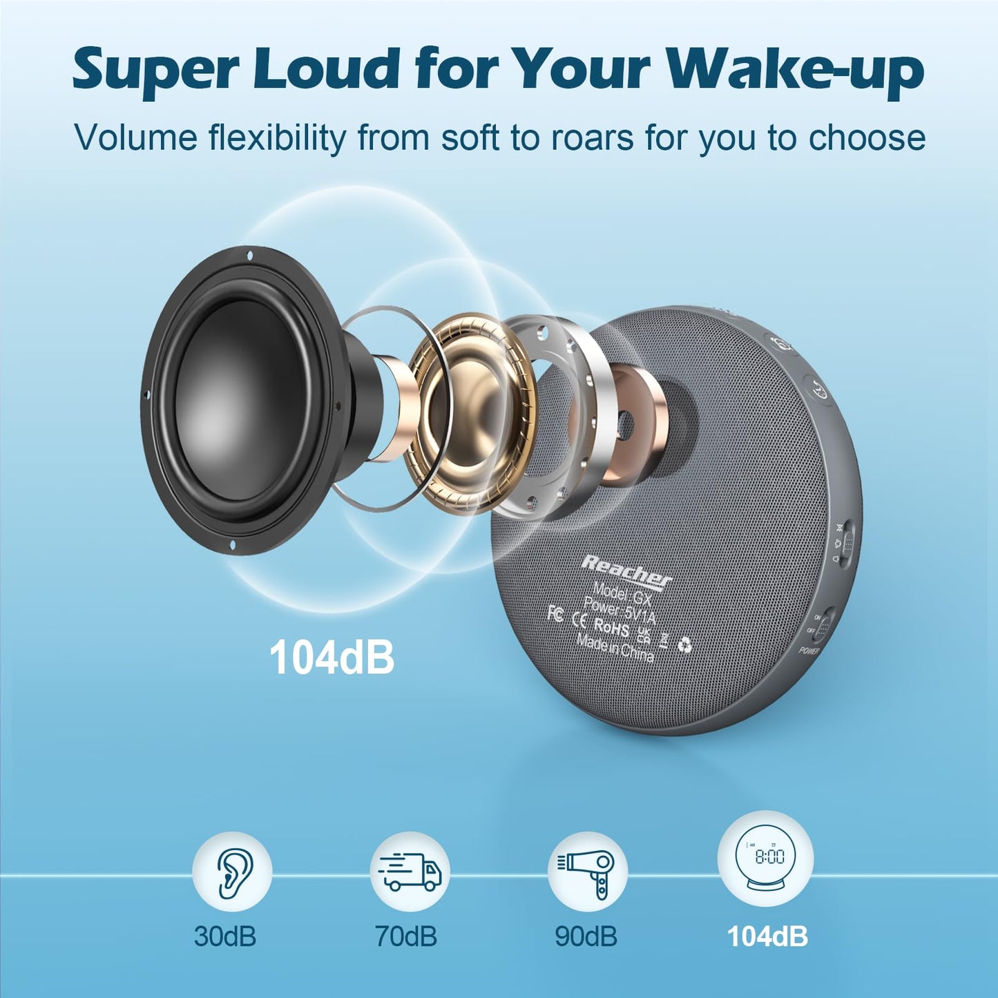 REACHER 2-in-1 Unified Loud Bed Shaker & Vibrating Alarm Clock for Hearing Impaired/Heavy Sleepers/Teens, Wireless Magnetic Charging, Adjustable Volume, Auto Dimmer, Snooze, Battery Powered, Portable