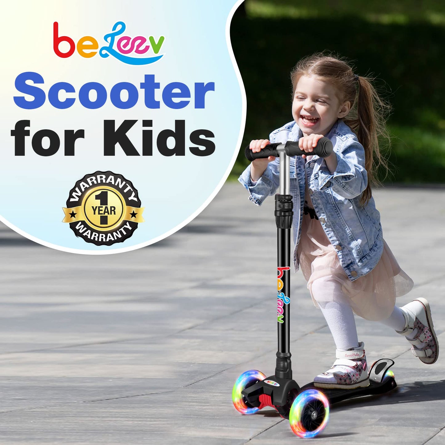 BELEEV A2 Scooters for Kids 3 Wheel Kick Scooter for Toddlers Girls & Boys, Scooter with 3 Adjustable Height, LED Light Up Wheels for Children from 3 to 12 Years Old
