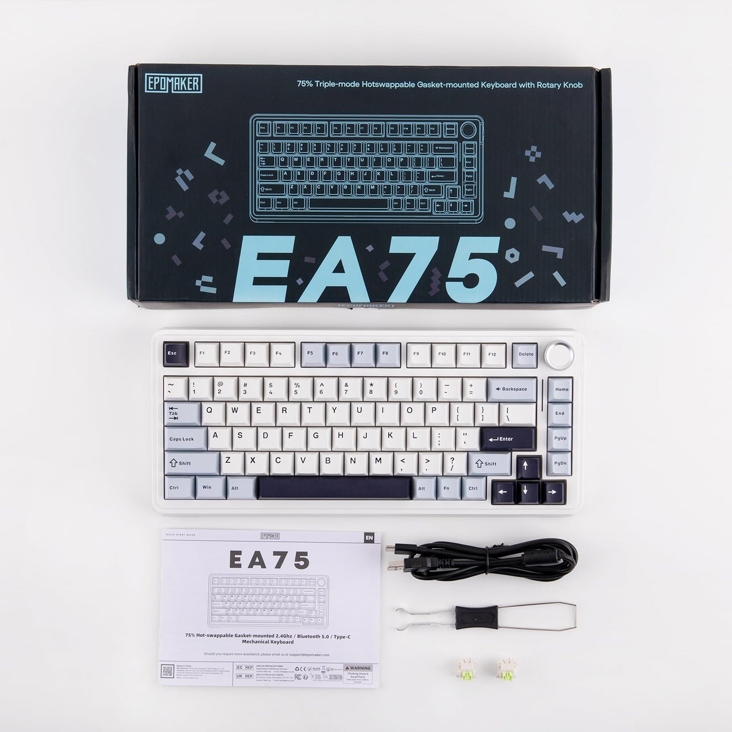 EPOMAKER EA75 75% RGB Gaming Mechanical Keyboard, 2.4GHz/Type-C/BT Creamy Wireless Keyboard with Knob, Shine Through PBT Keycaps, Hot Swappable for Gamers (Light Blue, Graywood V3 Switch)