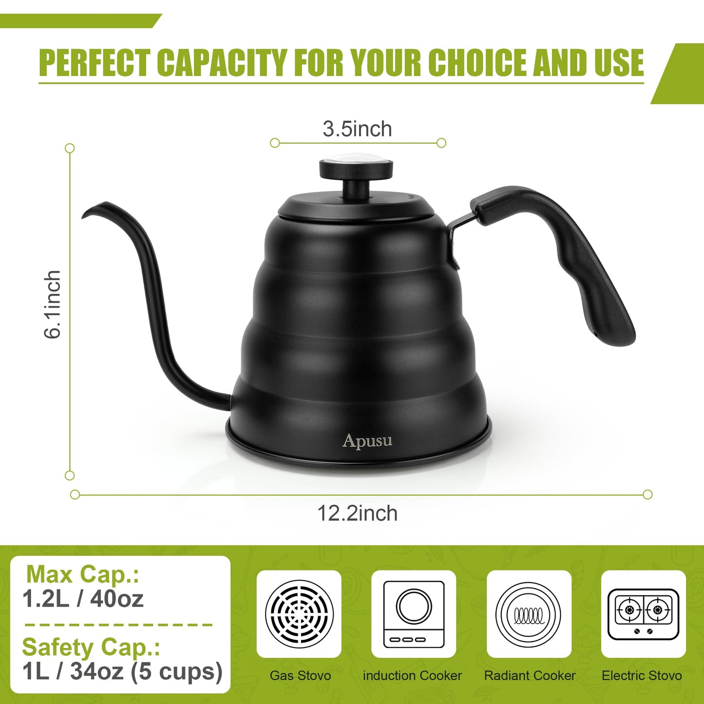 Pour Over Coffee Kettle - Matte Black Gooseneck Kettle with Thermometer - Premium Stainless Steel Coffee Maker Tea Pot, Update Triple Layered Base for All Stovetops, 40 floz/1200ml