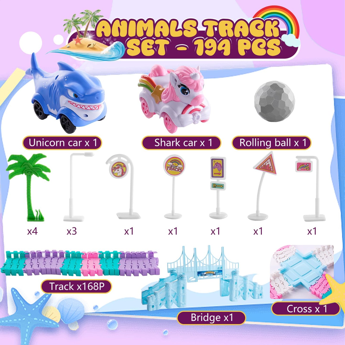 DIY Unicorn Racetrack Toy Set, 194 PCS Bendable Flexible Track with Race Cars & Ball, Creative Build STEM Racing Toys for Kids Ages 3-12, Unicorn Gifts for Girls & Boys
