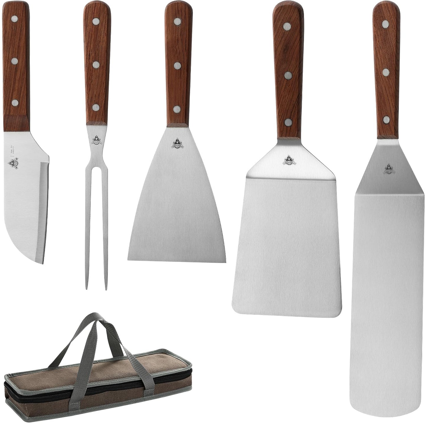 GRILLGEN Griddle Accessories Kit – 6-Piece BBQ Grill Tool Set with Rosewood Handles, Spatulas, Scraper, Santoku Knife, Fork & Storage Bag, Stainless Steel Flat Top Griddle Tools for Outdoor Cooking
