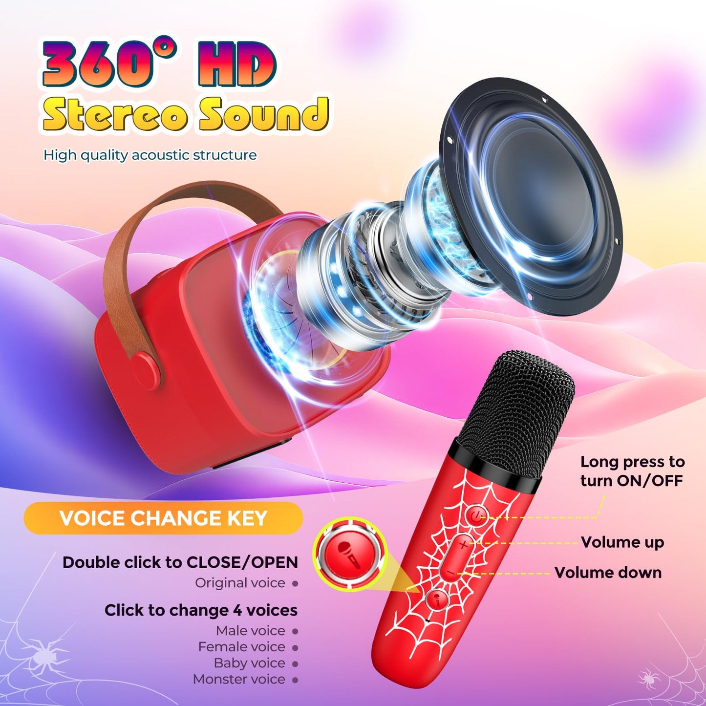 Spider Mini Karaoke Machine with 2 Mic, vicia 3 4 5 6 7 8 Year Old Boy Gifts Karaoke Microphone for Kids Toys for 4-6 6-8 8-12 Year Old Boys Christmas Birthday Gifts for Boys Girls Man Adult