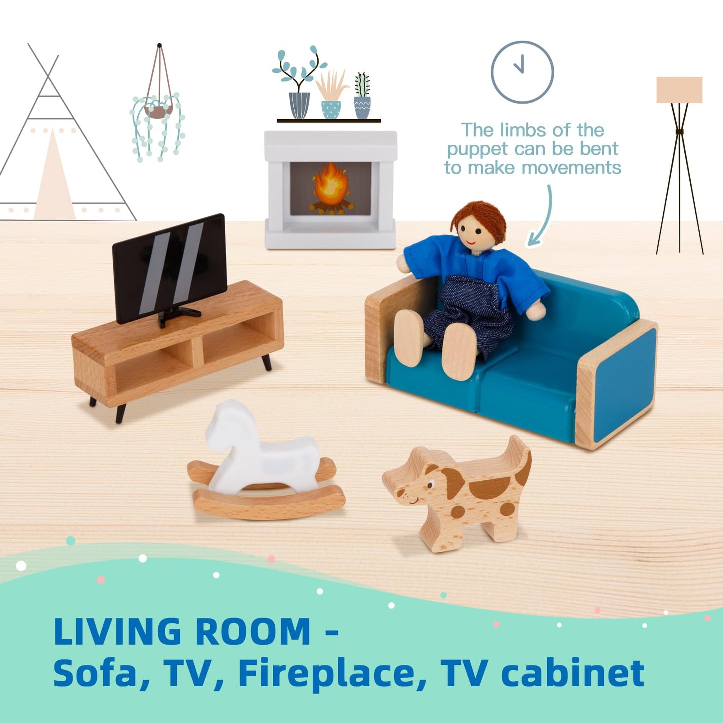 OOOK Wooden Dollhouse Furniture Set for Kids, 26 Pcs Dollhouse Accessories with 4 Family Dolls and Dog, Miniature Doll House Furniture Toys Pretend Play Gift for Girls Boys Age 3+
