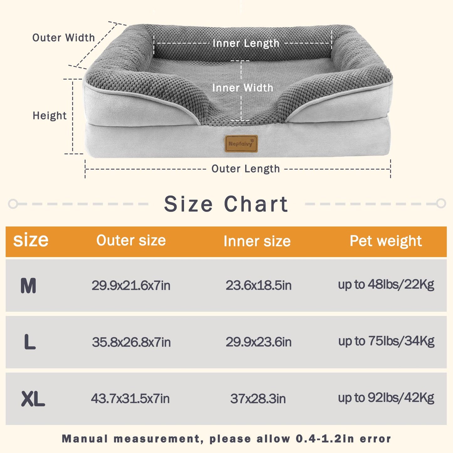 Nepfaivy Dog Bed Large Waterproof - Bolster Dog Bed for Large Dogs with Removable and Washable Cover, Dark Grey, 91x68cm