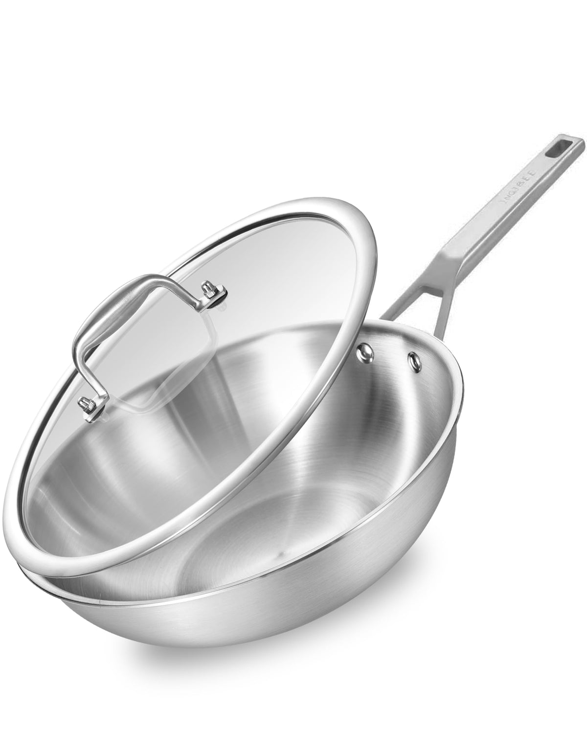 Inqibee 12-Inch Tri-ply Stainless Steel Wok Pan with Lid, Flat Bottom Stir-Fry Pan, Heavy Duty, Induction Compatible, Oven & Dishwasher Safe, Riveted Handle