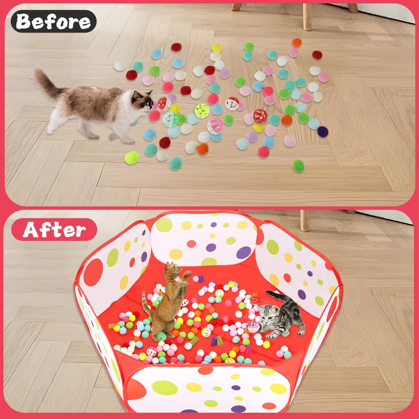 Cat Ball Pit Include 200 Pom Pom Balls 10 Jingle Balls and 12 PCS Cat Spring Toy for Indoor Bored Self Play Enrichment Toy for Indoor Cats Interactive Fun and Exercise