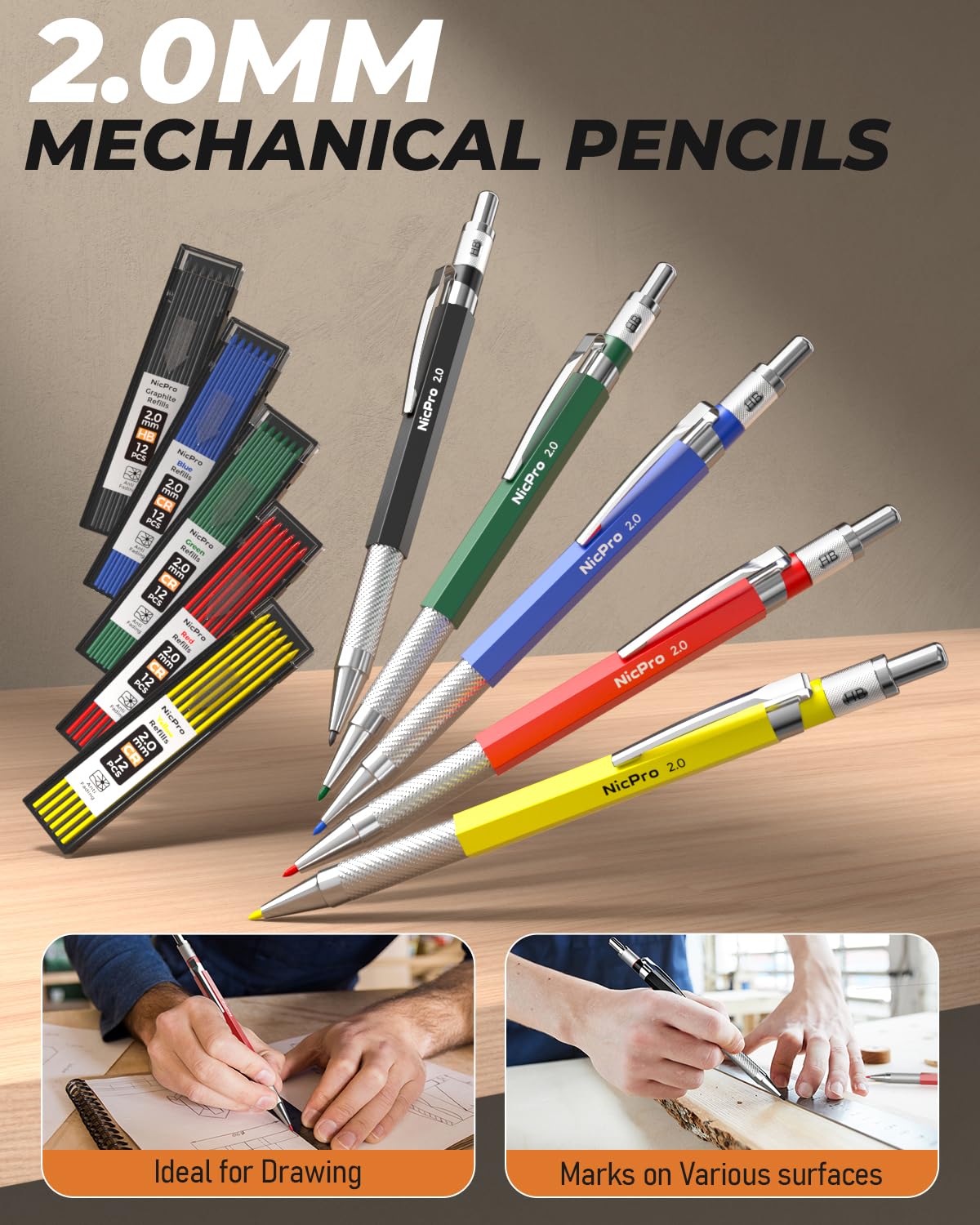 Nicpro 27 Pack Carpenter Pencil Set with Sharpener, Mechanical Carpenter Pencils with 100 Refill, Automatic Center Punch and Carbide Scribe Tool, Heavy Duty Construction Pencil for Architect-With Case