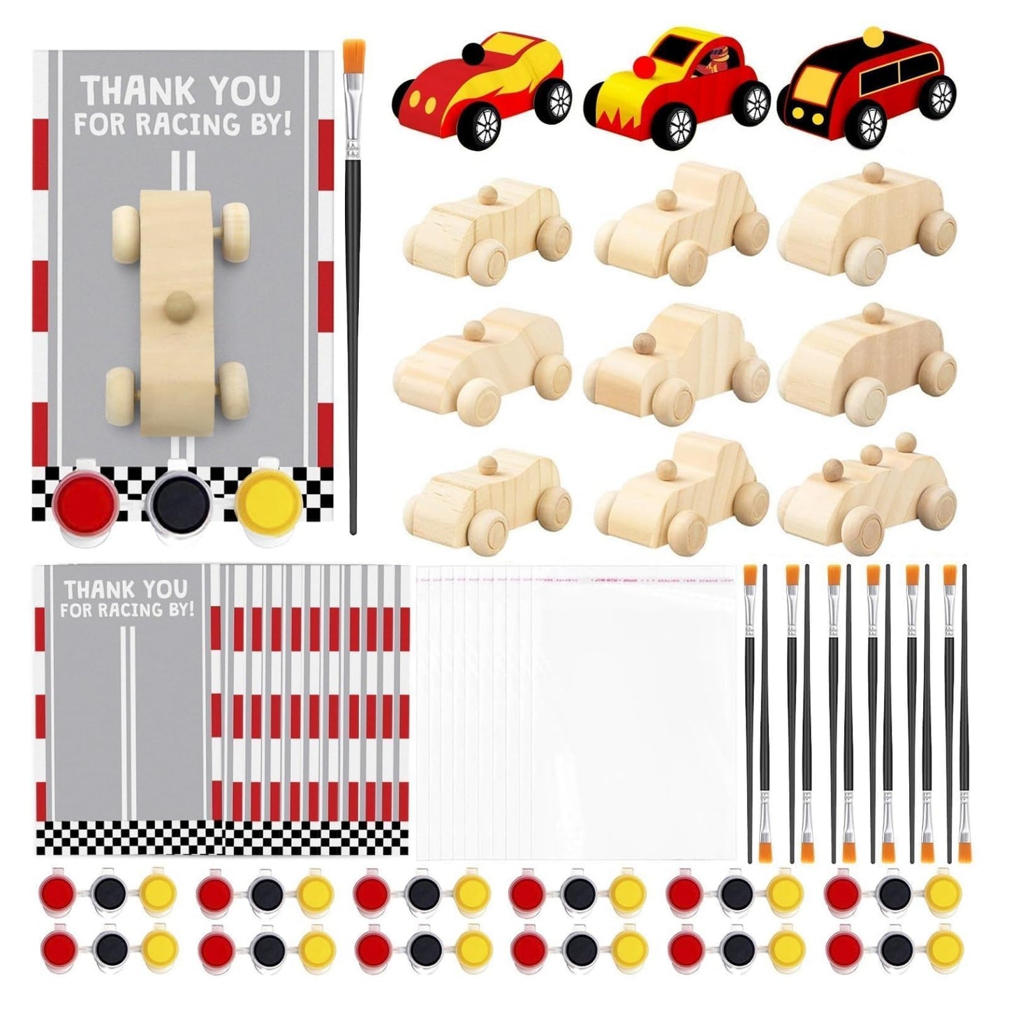 Racecar Painting Party Favors Kit - 12 Unfinished Wooden Cars, Acrylic Paints, Brushes, Thank You Cards, Perfect for Racing-Themed Birthday & Two Fast Theme Party Supplies