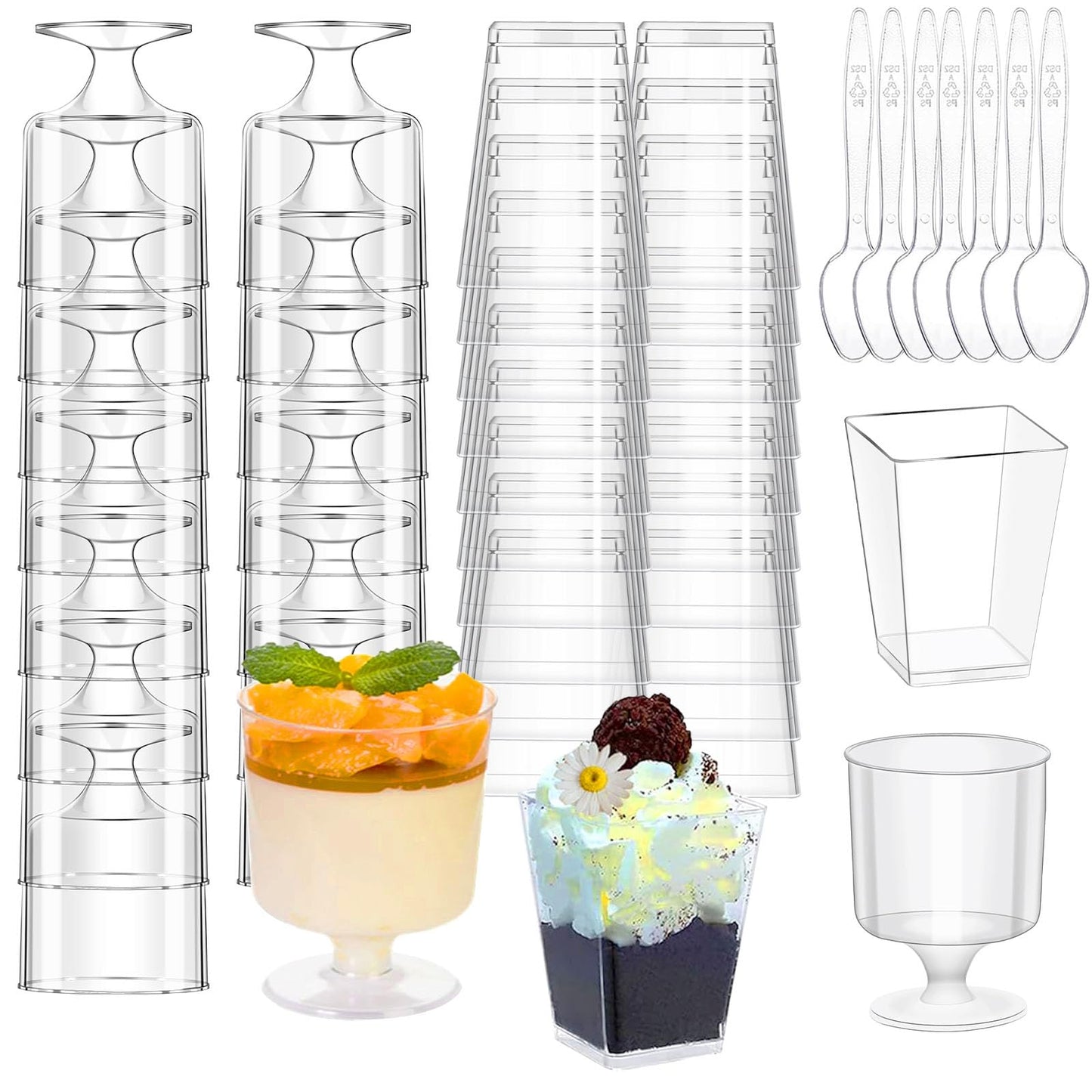 mwellewm 300 Pack Mini Plastic Dessert Cups with Spoons, 5 OZ Square Parfait Glasses for Party, Reusable Fruit Ice Cream Pudding Appetizer Bowls