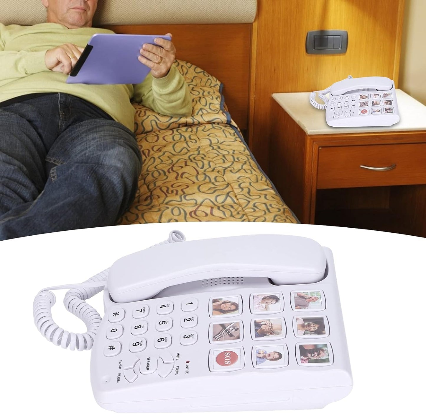 Corded Landline Phone for Seniors, Photo Memory One-Touch Speed Dial, SOS Button, Loud Amplified Ringer, Big Button Desk & Wall Telephone for Elderly with Dementia & Alzheimer, No Wi-Fi Needed (White)
