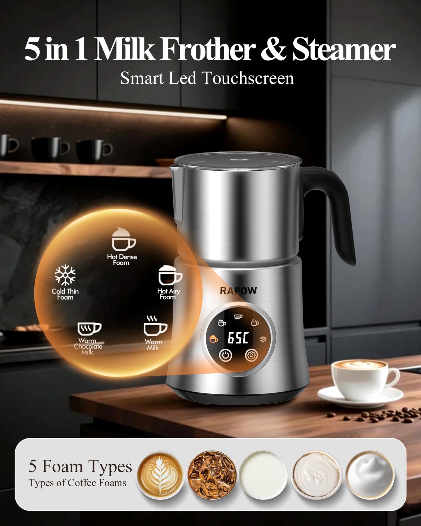 5 in 1 Electric Milk Frother: 16.9oz/500ml Large Capacity Milk Steamer for Hot and Cold Milk Froth -Dishwasher Safe Automatic Milk Frother & Warmer for Latte, Cappuccinos, Macchiato, Hot Chocolate