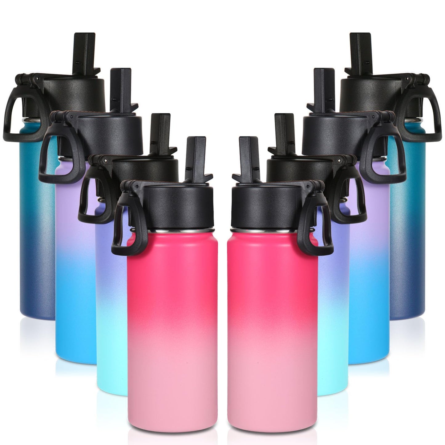 Volhoply 16 OZ Kids Water Bottle Bulk 8 Pack,Insulated Sports Bottles with Straw Lid,Stainless Steel Bottle with Handle Keep Cold & Hot,Double Wall Vacuum Cups for School(Assorted,Set of 8)