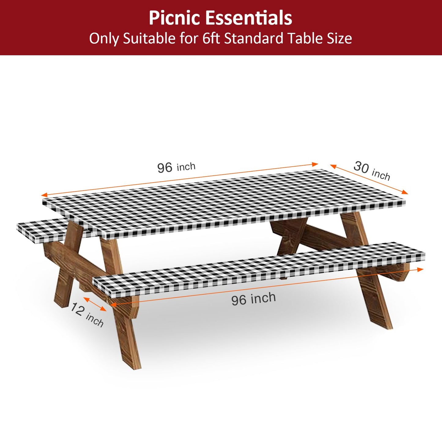 KENOBEE 8ft Picnic Table and Bench Cover, Camping Essentials RV Gear, 96 in Waterproof Windproof Outdoor Elastic All Around Tablecloth, Fitted Rectangle Tables and Seats, Black-White Checkered