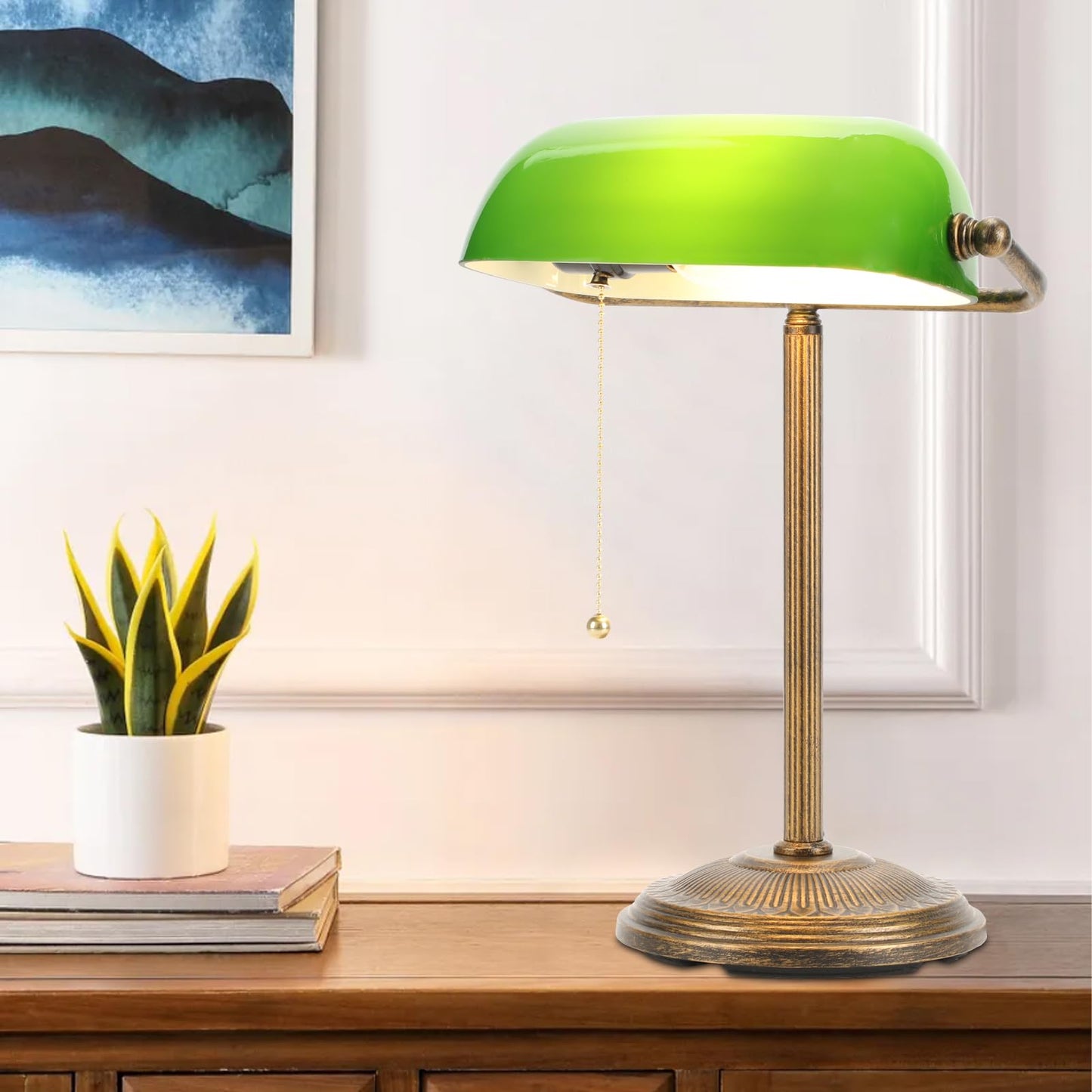 NISSAFORS Banker Desk Lamp, Green Glass Shade, Vintage Desk Lamp with Chain Switch, Retro Table Lamps for Home Office (Retro Gold+Green, Small)
