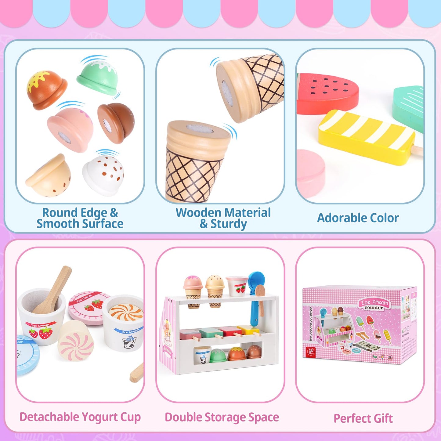 Ice Cream Toy, Wooden Pretend Play Toys Play Store for Kids, Wooden Ice Cream Play Set with Scoop, Fake Money, Menu, Ice Cream Toys Play Kitchen Food Gifts for 3 4 5 6 Year Old Toddlers Girls Boys