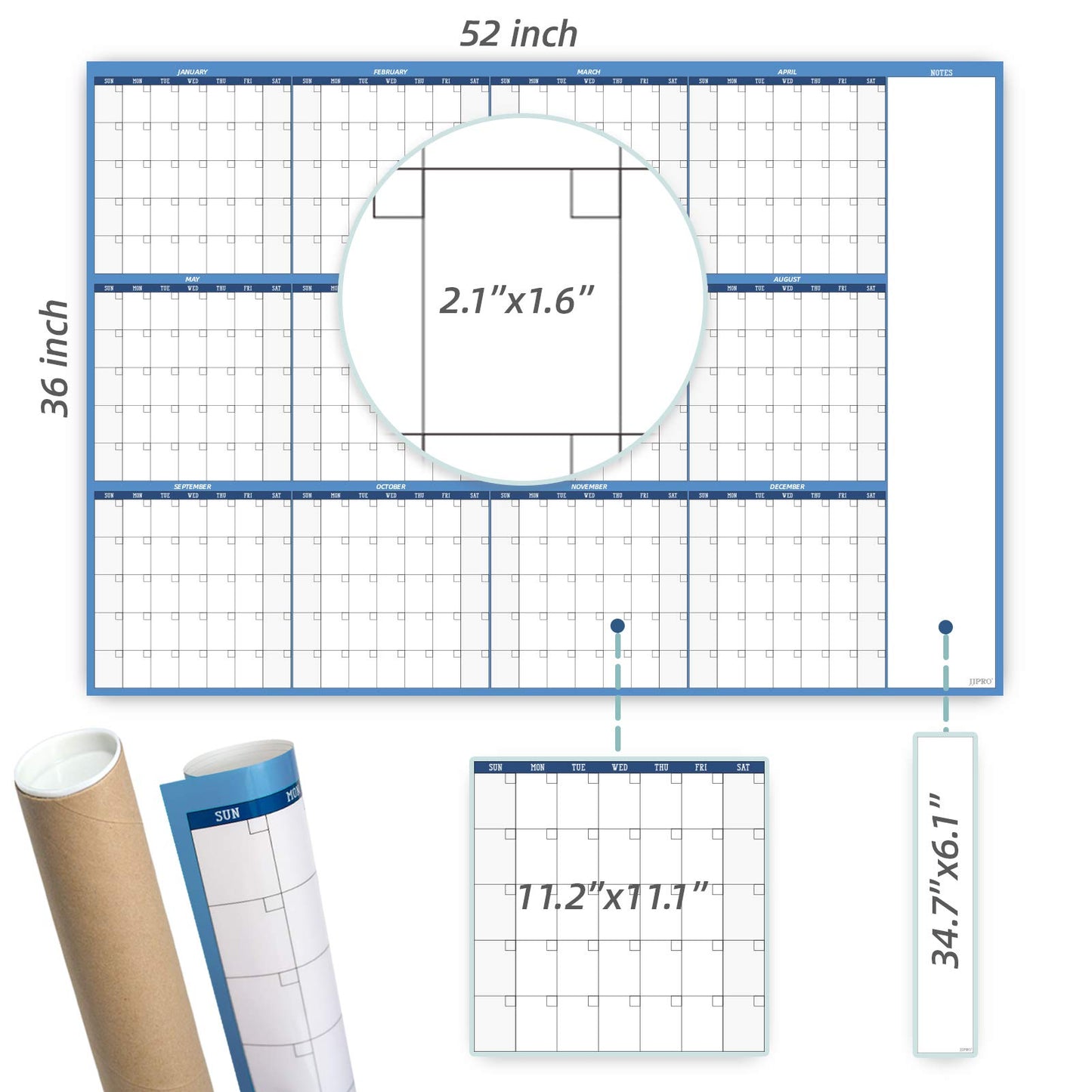 Large Dry Erase Wall Calendar - 52"x36" - Blank Undated Yearly Calendar - Whiteboard Premium Laminated Planner - Reusable Laminated Office Jumbo 12 Months Calendar