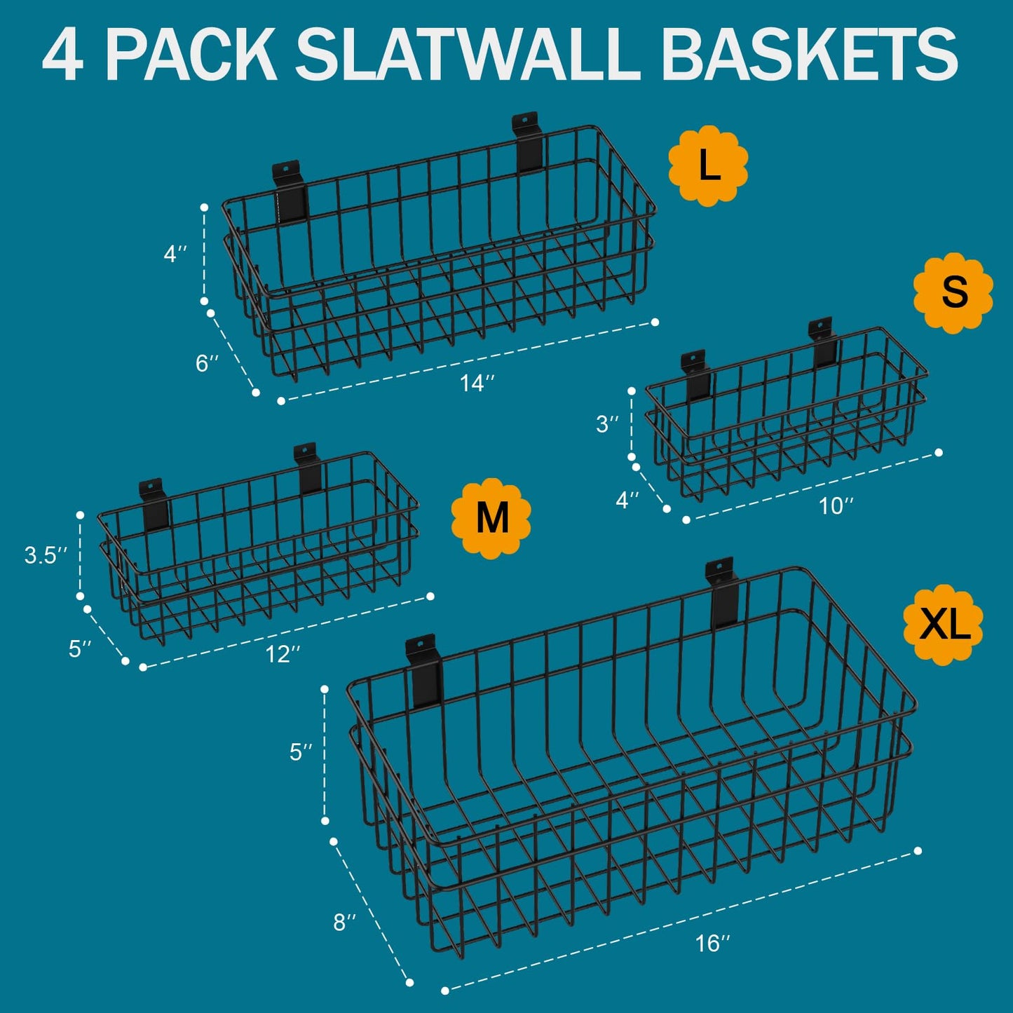 DAANXW 4 Pack Large Slatwall Baskets Set, Ventilated Metal Hanging Storage Slat Wall Basket, Mounted Slatwall Accessories for Garage Storage Organizing Display on Slatwall Panels bins (Black)