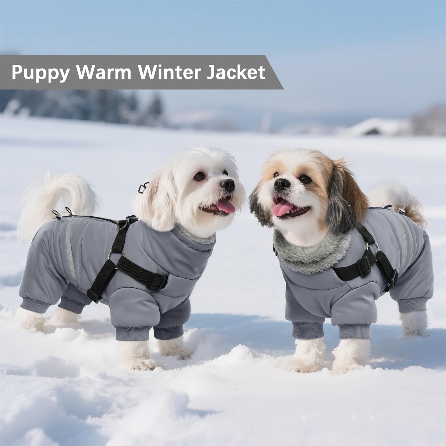 BRKURLEG Grey Dog Winter Coat, Cozy Winter Dog Jackets, Small Dogs Coat with Harness, Onesie Body Warm Puppy Jacket, Pet Reflective Windproof Cold Weather Jackets, Puppy Four-Legged Puffer Coats, S