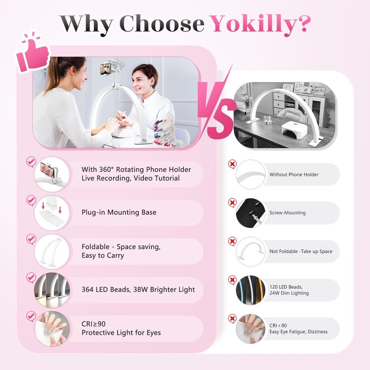 Yokilly Half Moon Light for Nail Desk: 29" Foldable Half Moon Nail Desk Lamp with Phone Holder for Beginner - Arch Tech Light with 3 Color Modes & 10 Brightness for Manicure Salon (White, Large)