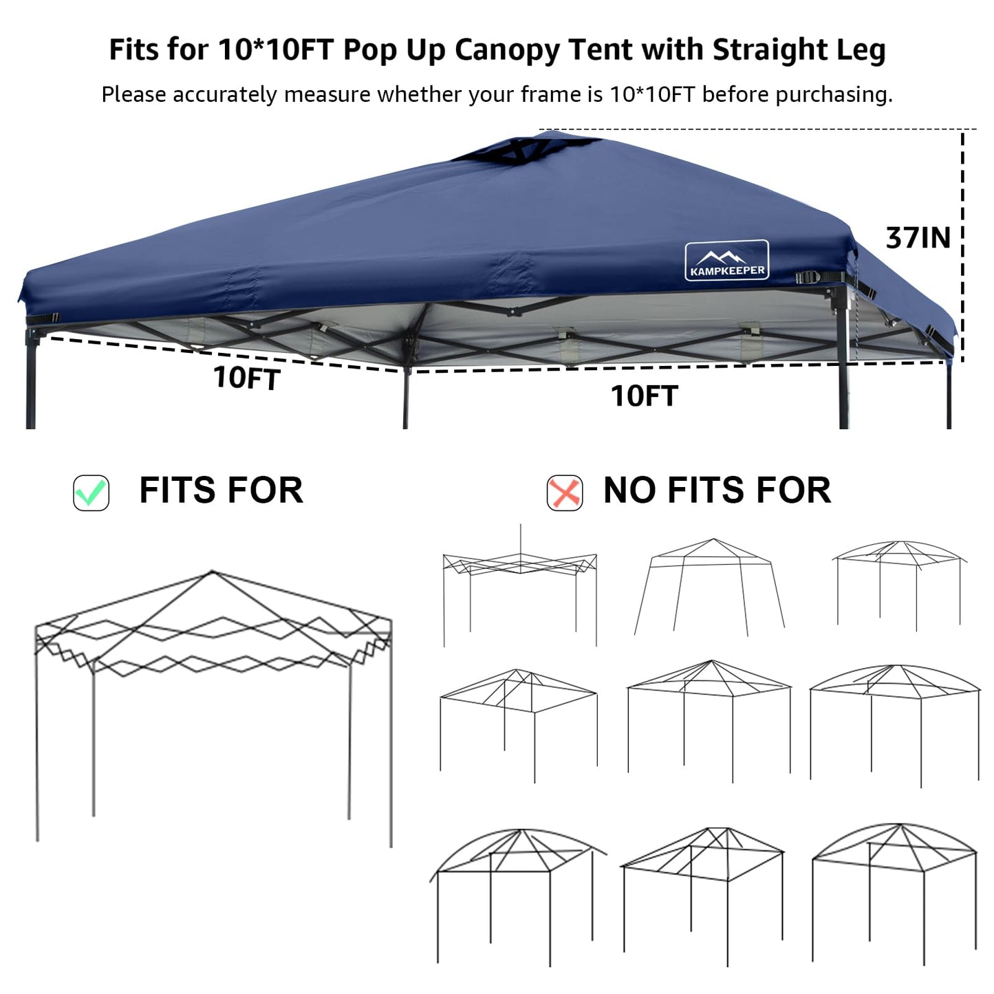 KAMPKEEPER Replacement Top Pop Up Canopy Tent Cover Roof with Air Vent and Adjustable Elastic Strap, Polyester UV Waterproof for Outdoor Garden Patio Sun Shade(Top Only) (Navy Blue, 10x10FT)