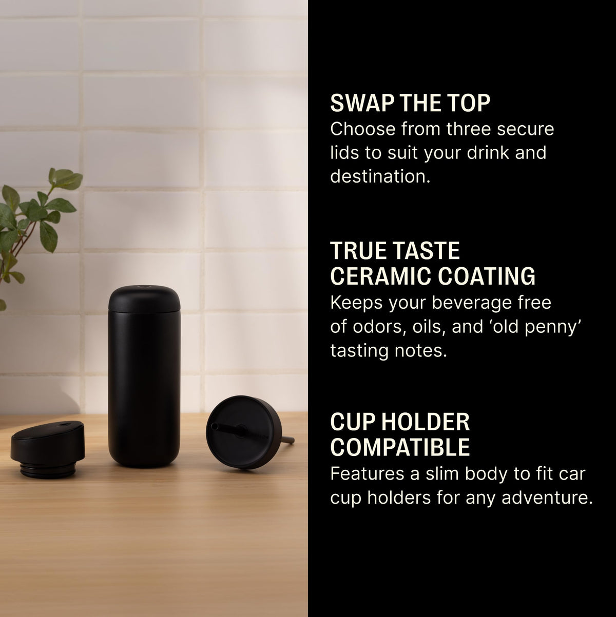 Fellow 16 oz Carter Bundle (3 in 1) Travel Mug with Slide-Lock, Move & Cold Lids with Straw - to-Go Coffee Tumbler, Ceramic Interior & Vacuum-Insulated Stainless Steel - Coffee Cups-Matte Black