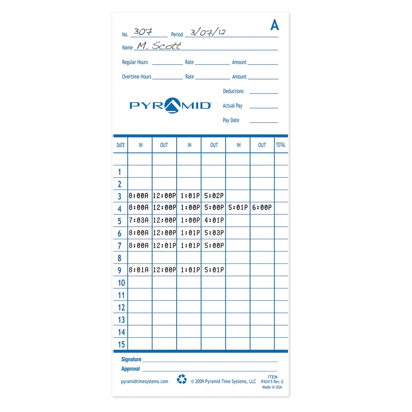 Pyramid Time Systems - Genuine and Authentic Time Cards (42415) for Pyramid Models 2500, 2500K1, 2600 and 2650 Auto Aligning Time Clocks, Double Sided Time Sheets (3.38 x 7.44 in) - 100 Time Cards