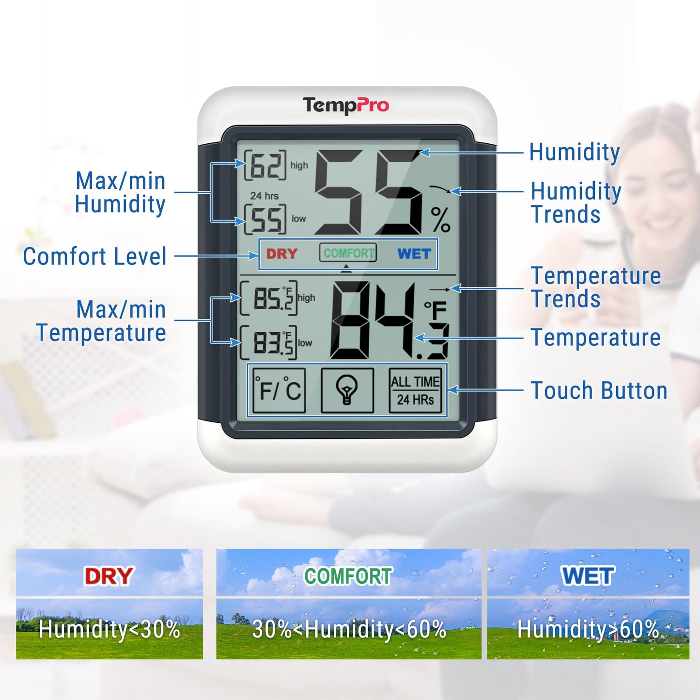 TempPro TP55 2 Pieces Digital Indoor Hygrometer Thermometer, 4-Inch Temperature/Humidity Monitor with Touchscreen&Backlit, Room Thermometer/Humidity Meter for Home Greenhouse (Previously ThermoPro)