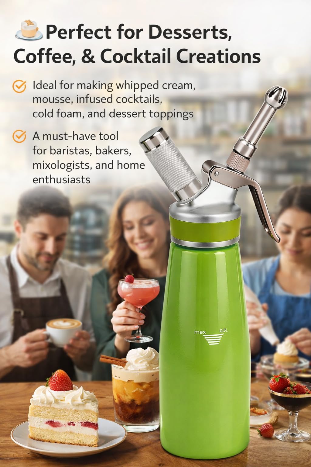 Whipped Cream Dispenser–Double Wall Insulated Aluminum Water Bottle with Stainless Steel 3 Nozzles, Extra-Large Capacity Whipping Cream Maker for Desserts, Coffee, Cocktails More