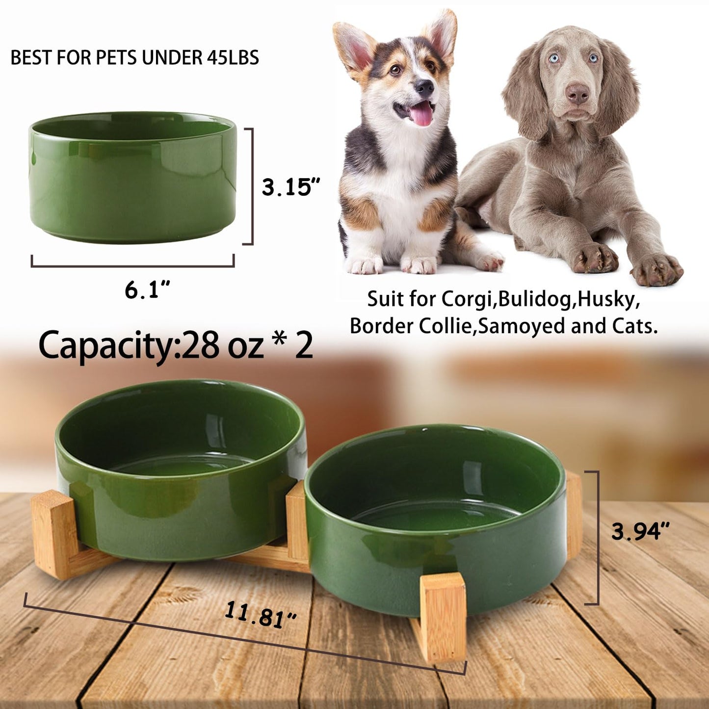 Petygooing Dog Bowls,Ceramic Cat Dog Dish Set with Wood Stand for Food Water,Non-Slip Weighted Cute Modern Pet Feeder for Cat & Small Medium Dogs(28OZ/6.1) Rust Green