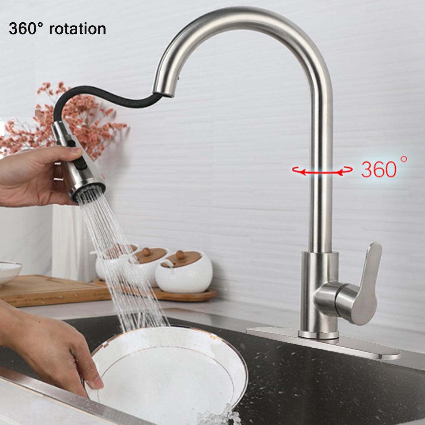 LKUWEE Kitchen Faucet, Stainless Steel 360° Swivel Kitchen Sink Faucets, Hot and Cold Water Kitchen Tap Pullout Sink Faucet with 2 Hoses, Brushed Nickel