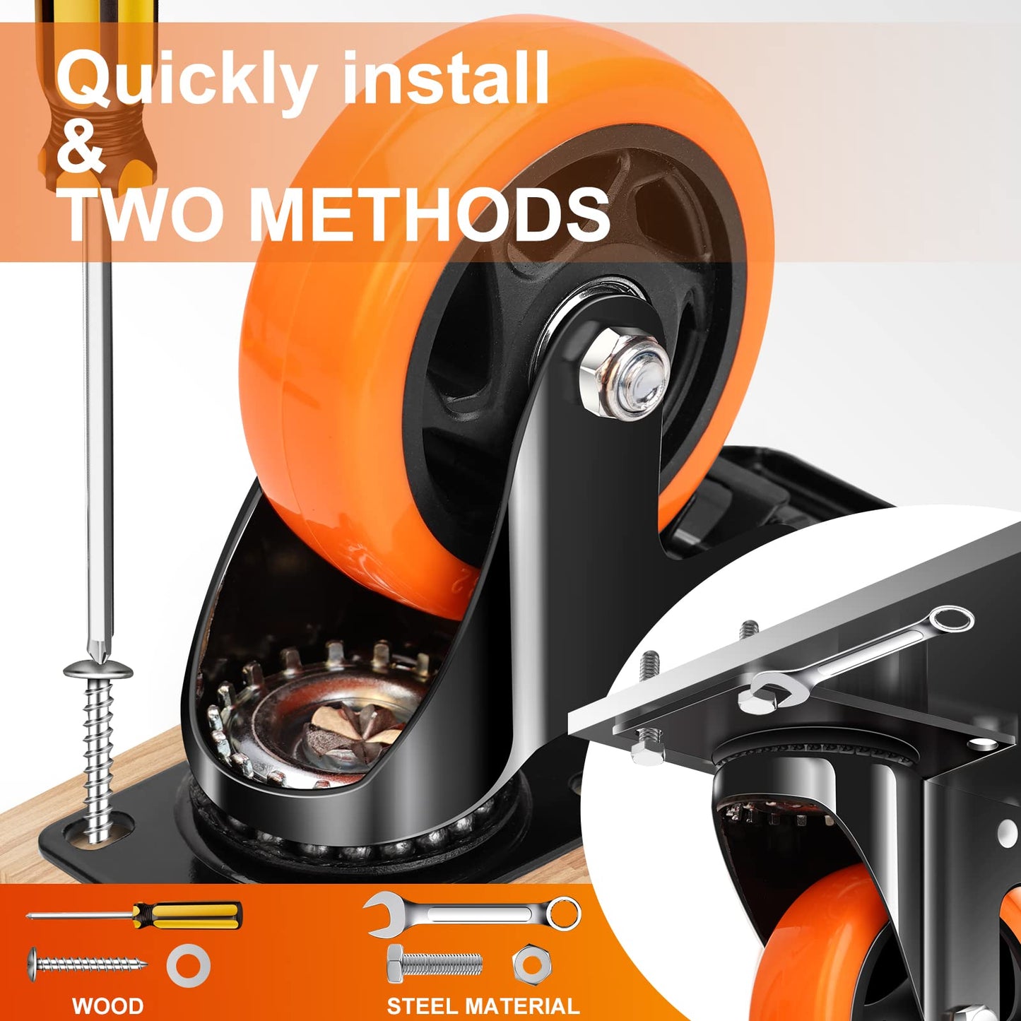 QNCZ 4" Heavy Duty Caster Wheels, Set of 4 with Dual Locking Brake, Industrial Swivel Casters, Polyurethane Wheels for Cart, Trolley, Workbench