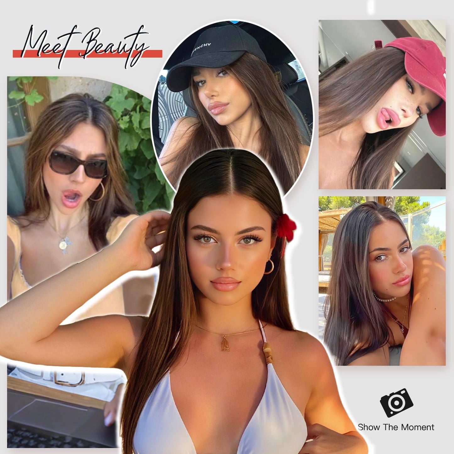 Brown Wigs for Women Long Straight Layered Natural Hair Wig with Dark Brown Roots Middle Part Synthetic Wig