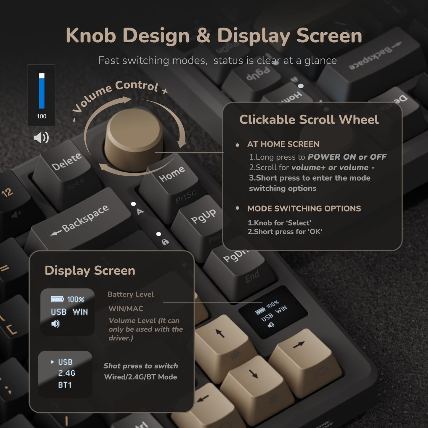 RK ROYAL KLUDGE M75 Wireless Mechanical Keyboard 2.4Ghz/BT5.1/USB-C Gaming Keyboard 75% Layout 81 Keys Gasket Mount with OLED Display & Knob RGB Backlight Hot-Swappable Viridian Switch, Grey