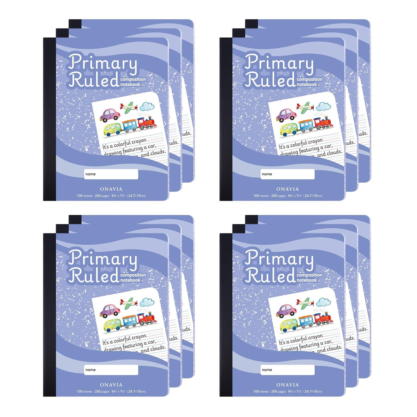 ONAVIA Primary Journal Composition Notebook, Grades K–2, 100 Sheets, 12 Pack, 9-3/4”x7-1/2”, Writing and Drawing Notebook for Kids, Cornflower Blue