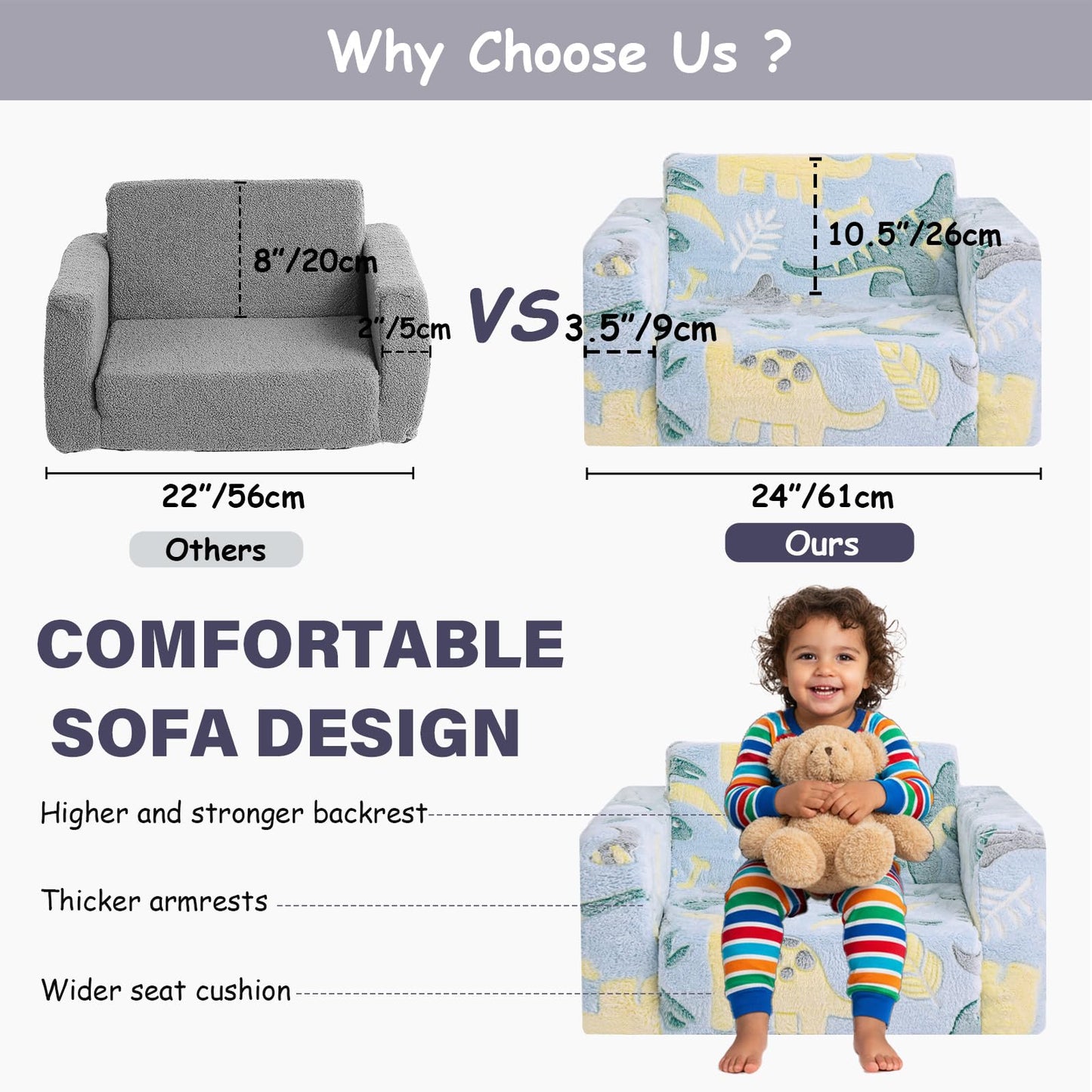 Tiita 2-in-1 Convertible Kids Couch to Lounger, Flip Out Toddler Armrest Bed, Folding Play Sofa for Girl or Boy, Grey Dinosaur