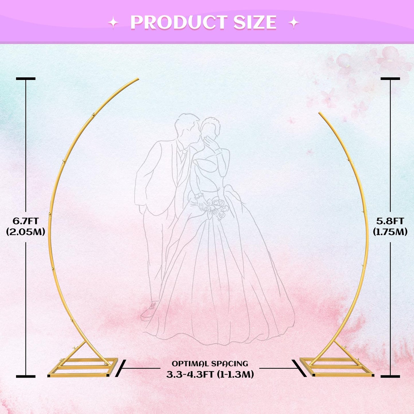 ZpigToor Metal Open Arch Backdrop Stand,Set of 2 Curved Arch Backdrop Half Moon Wedding Arches for Ceremony,Birthday,Baby Shower,Floral Stand,Ramadan Decoration (Gold,6.7FT & 5.8FT)
