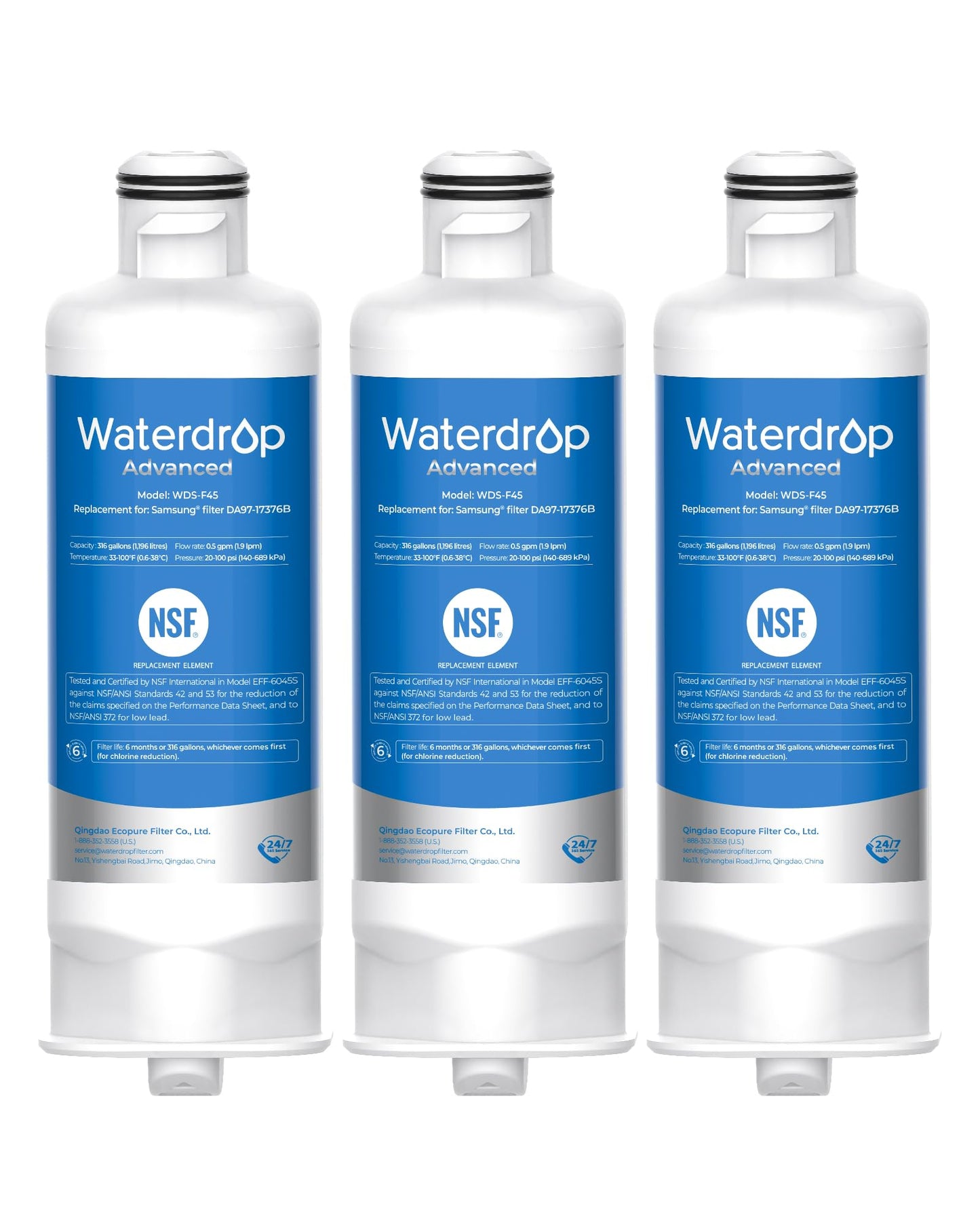 Waterdrop WDS-F45 NSF 53 & 42 Certified Compatible with Samsung® HAF-Qin/EXP, HAF-Qin, DA97-17376B, DA97-08006C, Refrigerator Water Filter, 3 Pack