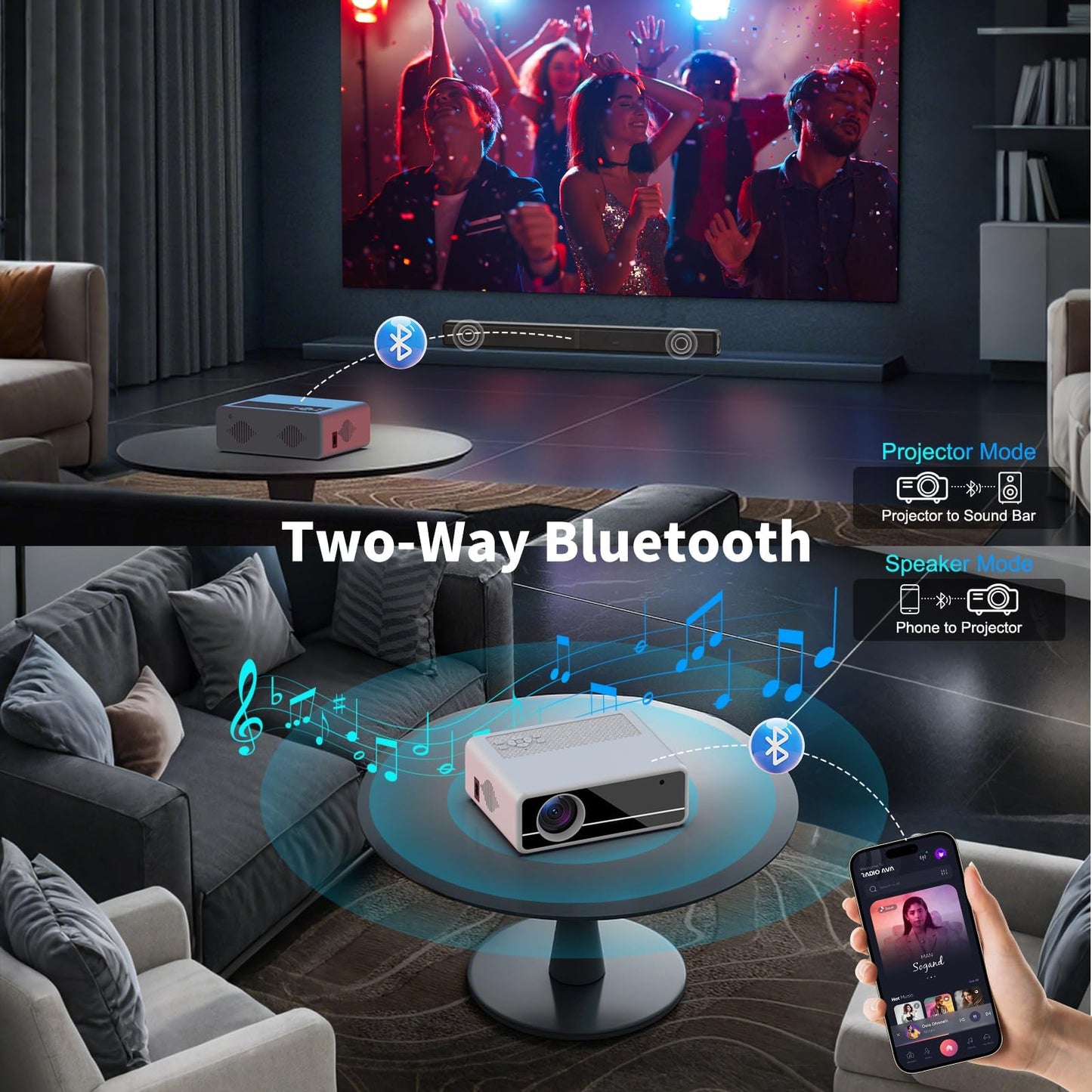 【Projector Screen Included】 1080P Mini Projector with Two-Way Bluetooth, 50% Zoom, Portable Outdoor Movie Projecteur, Compatible with TV Stick, Video Games, HDMI, USB, Smartphone