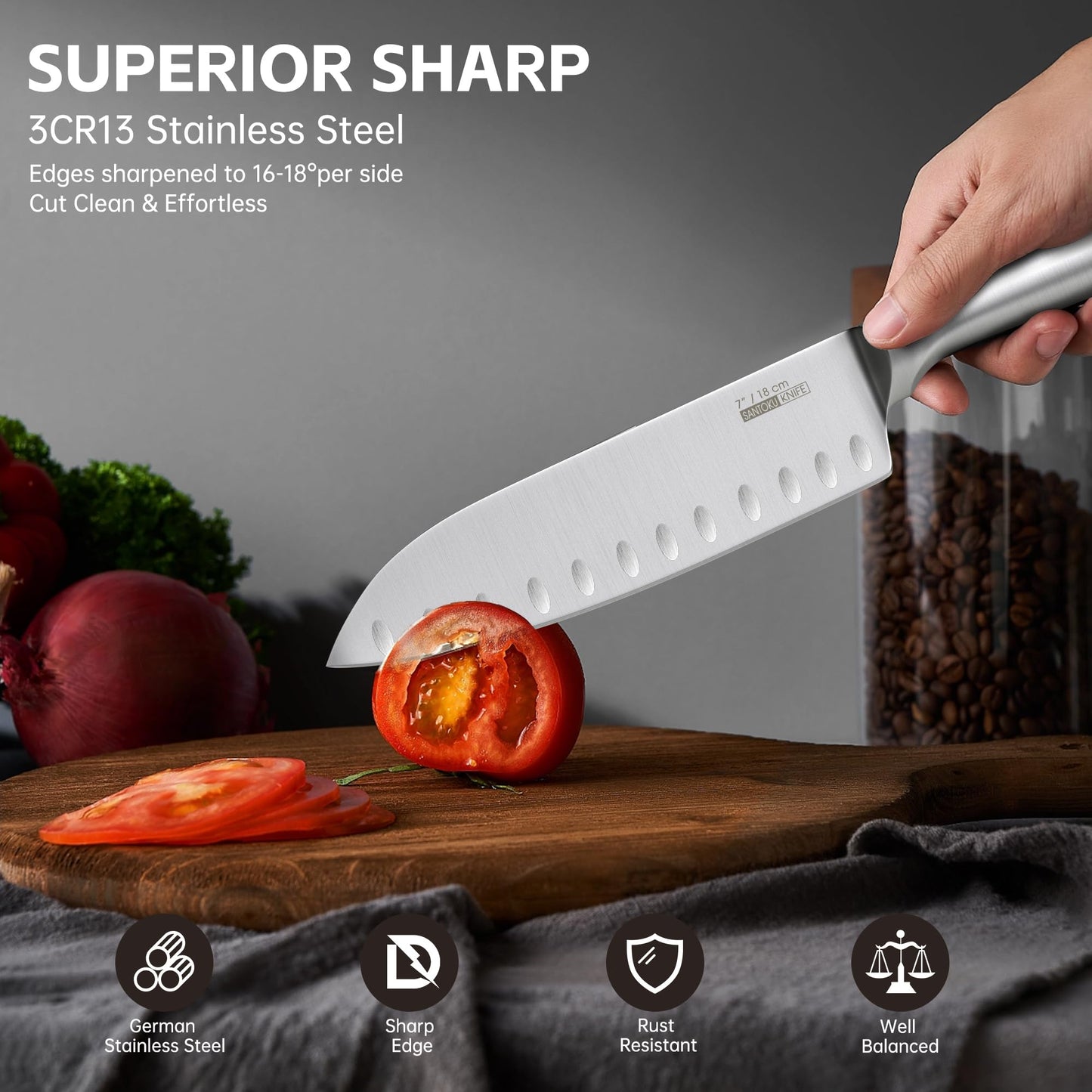 Knife Set, 16 Pieces Kitchen Knife Set with Block, High Carbon German Stainless Steel Knife Block Set with One Piece Design Hollow Handle for Chopping, Slicing, Dicing & Cutting