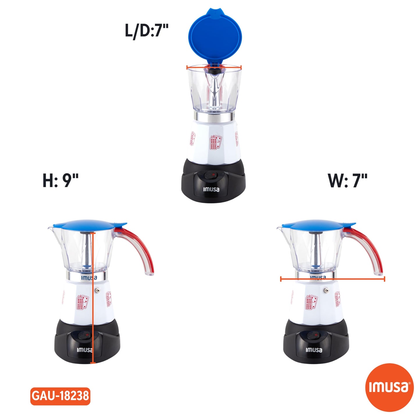 Imusa Special Edition Electric Cuba/Domino themed Espresso Maker, 3 or 6 Cups, White, Red, Blue
