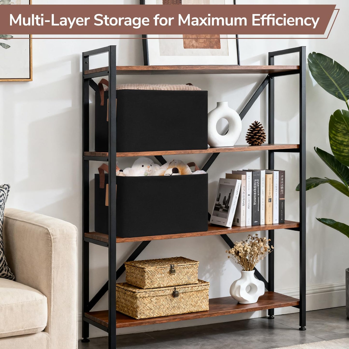 Goodpick 4-Pack Storage Basket,Closet Organizers and Storage Box,Storage containers for Shelves,16.75" L x 11" W x 9.75" H, Black