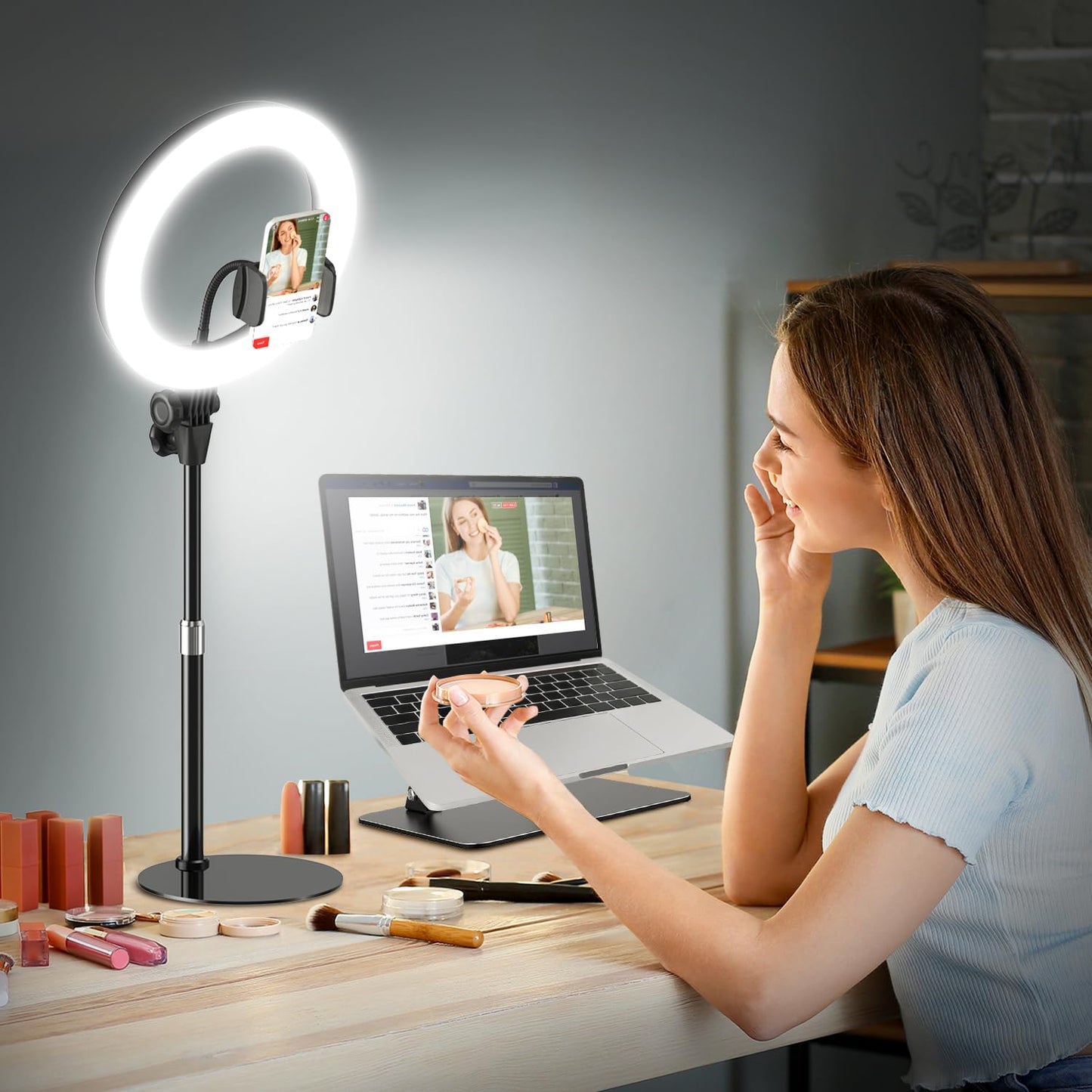 Upgrade 10.5" Ring Light with Tripod Stand and Phone Holder, Evershop Selfie Ringlight with CRI 95+ for YouTube, Zoom, Streaming, Makeup, Video Recording, Halo Desk Lamp for Laptop Computer Webcam