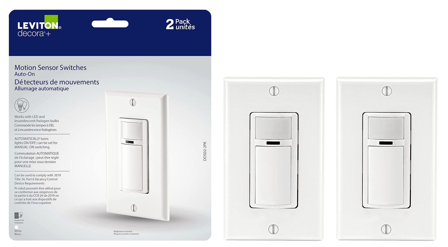 Leviton 2-Pack Decora Occupancy Motion Sensor Light Switch, Auto-On, 2A, Residential Grade, Single Pole, DOS02-2PK, White