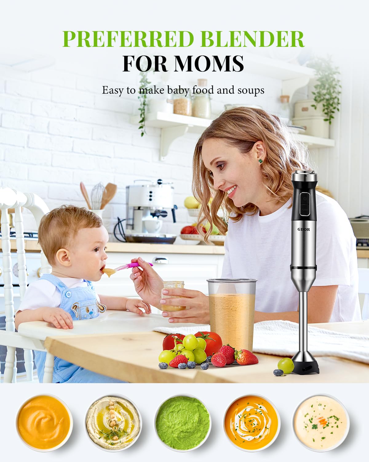 GDOR Hand Blender 1000W, 6-in-1 Immersion Blender Handheld with 20 Speed and Turbo Mode, With Dough Hooks, Egg Beaters, Whisk, 800ml Beaker, 600ml Chopper, BPA Free