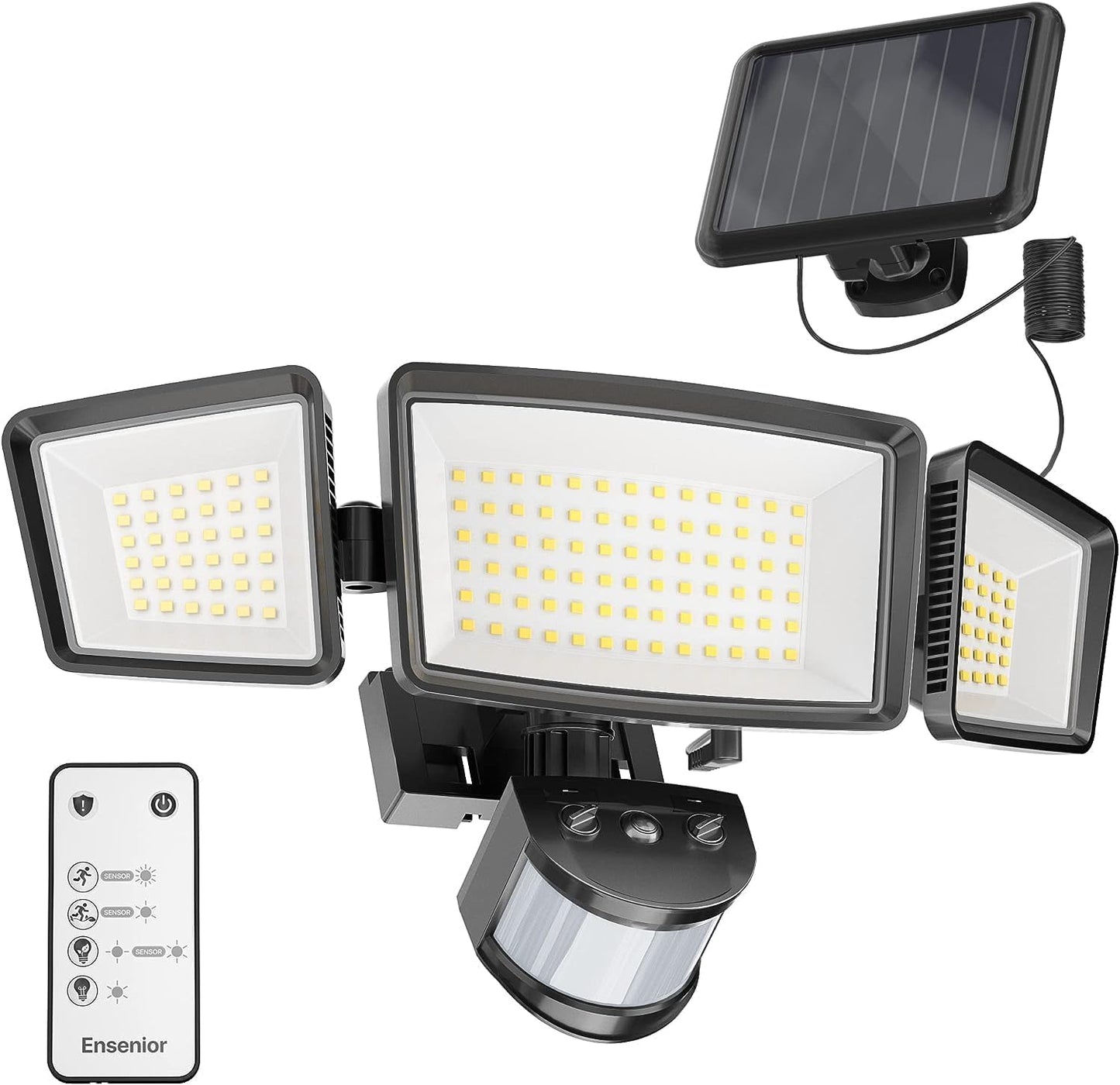 Ensenior 5 Motion Sensor Modes Solar Security Light, 1800LM 270° Wide Angle 3 Heads LED Flood Lights, IP65 Waterproof Wall Lights, Separate Solar Panel Remote Control Solar Lights Outdoor（Black）