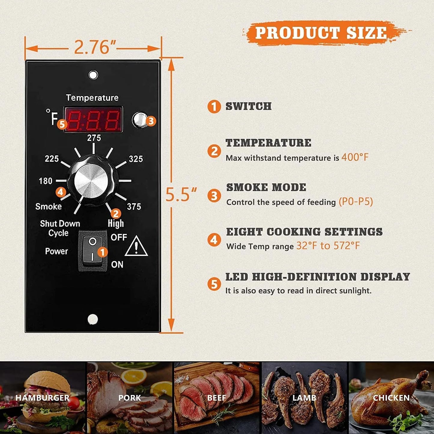 Digital Thermostat Controller Kit Compatible with Traeger Pellet Grills BAC200 BAC236 BAC283 BAC388 Replacement Parts with LED Display Temperature Control Panel & 7" RTD Temperature Sensor Probe