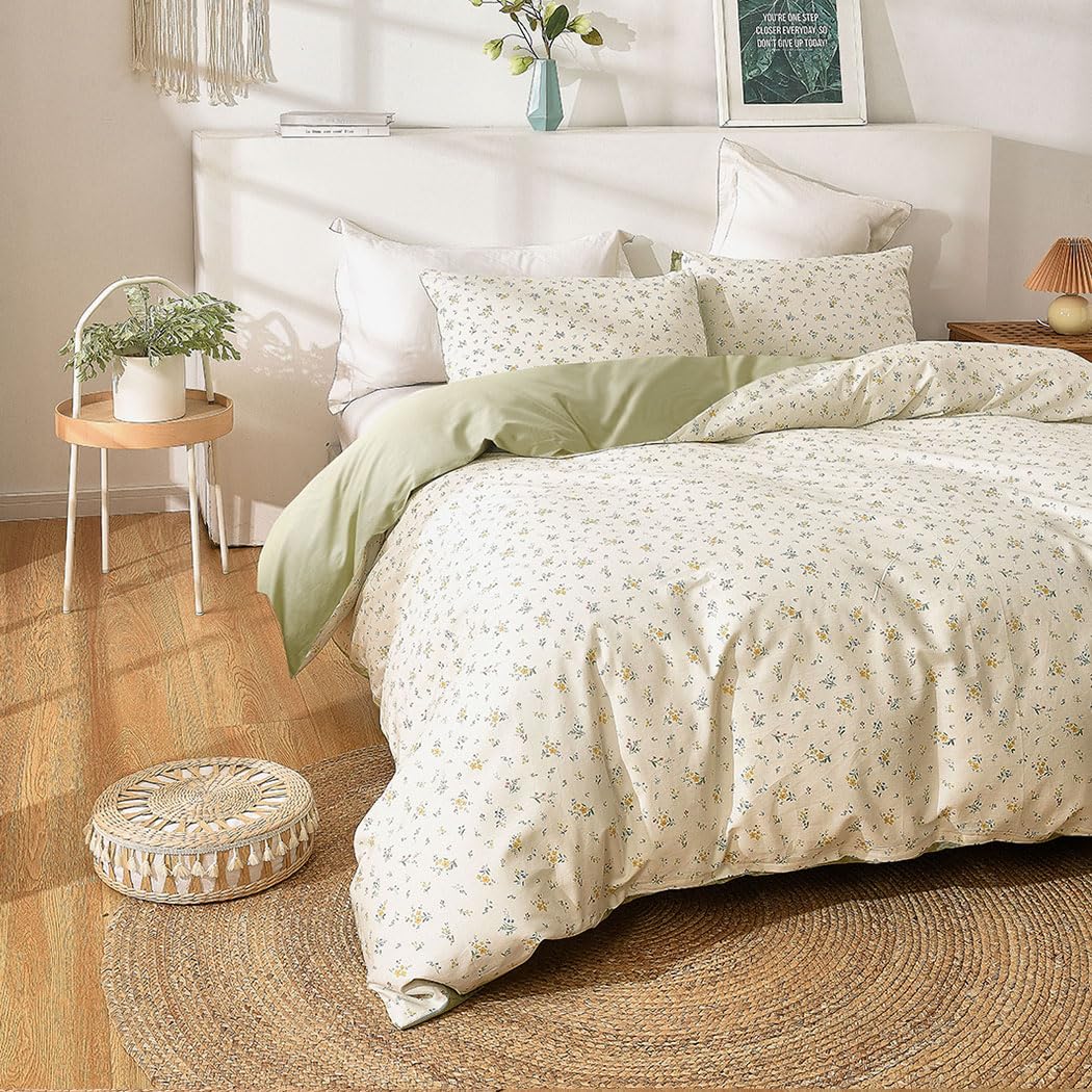 Conworld 100% Washed Cotton Duvet Cover Queen, Ultra Soft Breathable Floral Queen Duvet Cover Bedding Sets with Zipper Closure & Corner Ties, Green